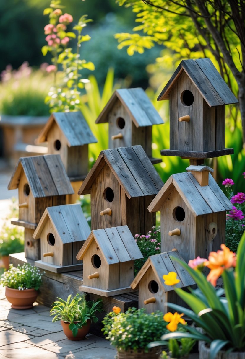 A collection of weathered wood birdhouses displayed outdoors among green plants and flowers.