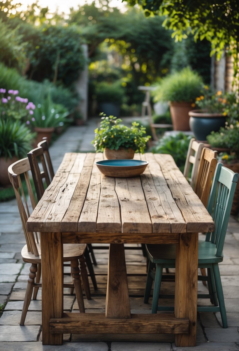 An outdoor wooden dining table with mismatched chairs set in a garden patio surrounded by plants.