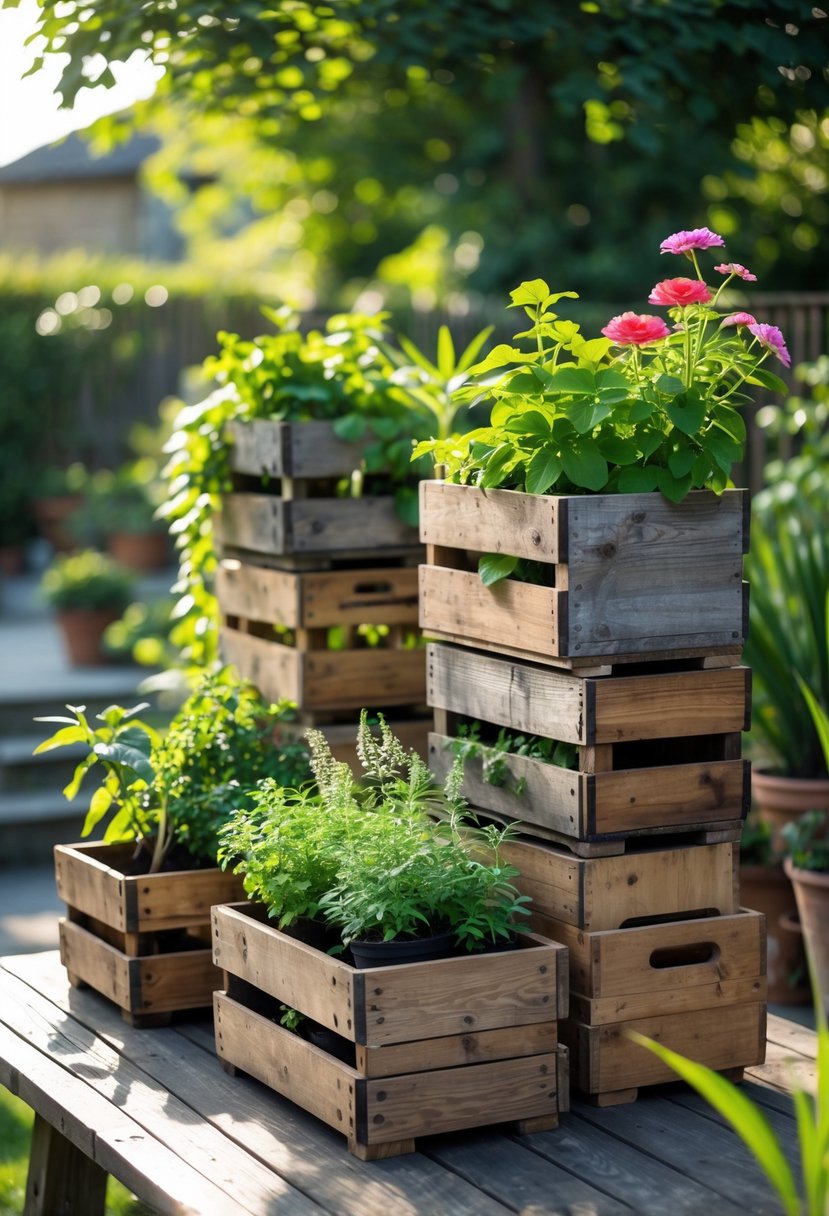 Upcycled wooden wine crates used as plant holders with green plants and flowers on a garden patio.