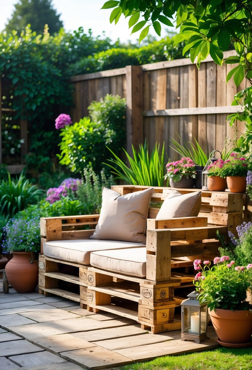 Wooden pallet seating arranged outdoors in a garden surrounded by plants and flowers.