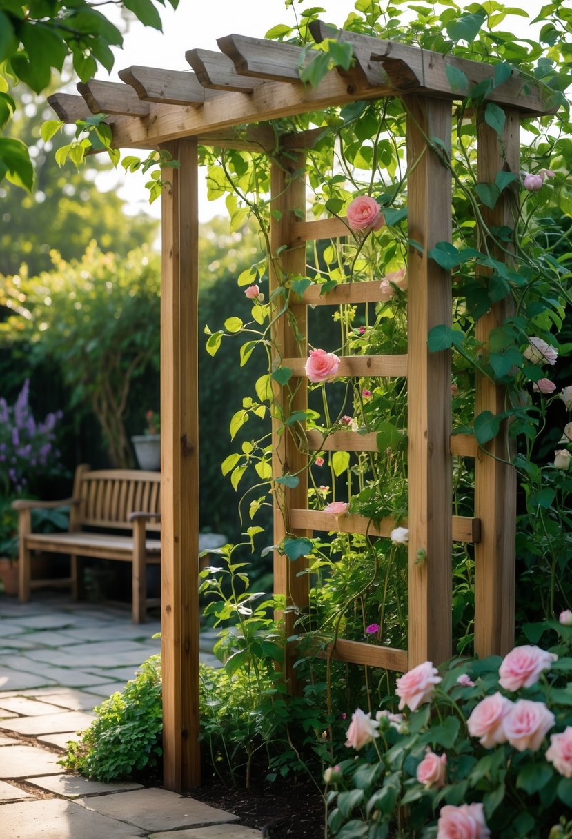 A handcrafted wooden garden trellis surrounded by climbing plants and flowers in a garden or patio setting.