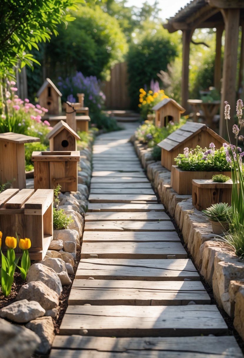 A garden pathway made of wood and stone, bordered by various rustic wooden crafts and surrounded by green plants and flowers.