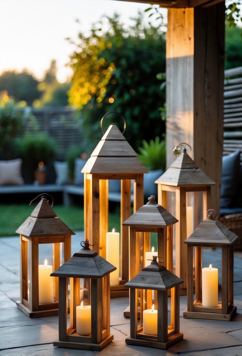 A group of wooden lantern holders displayed on a patio surrounded by plants and soft natural light.