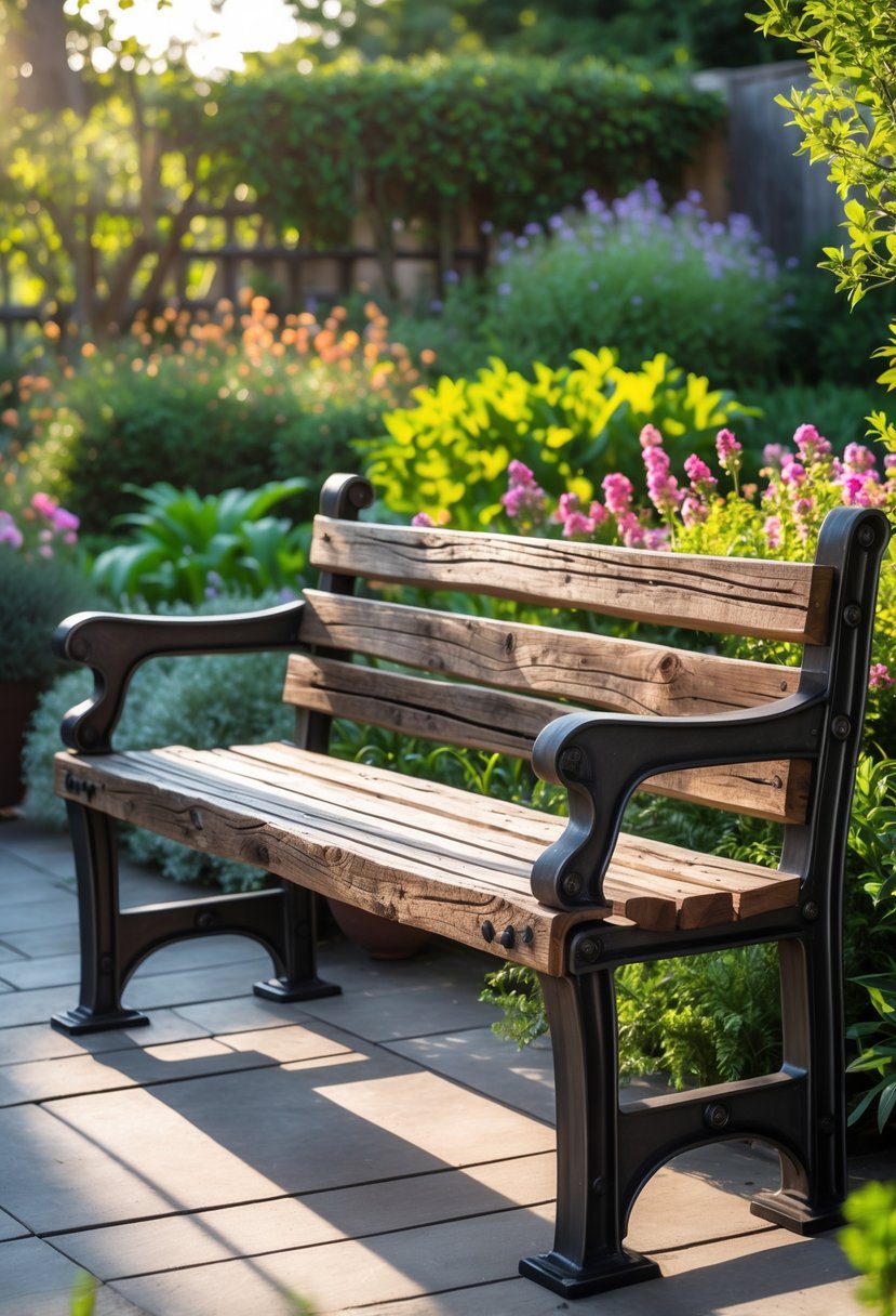A wooden bench with metal accents placed outdoors in a garden surrounded by plants and flowers.