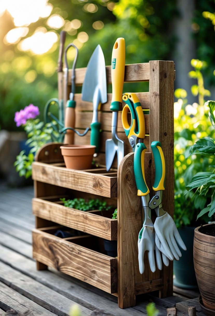 Wooden garden tool organizer holding various garden tools on a patio surrounded by plants.