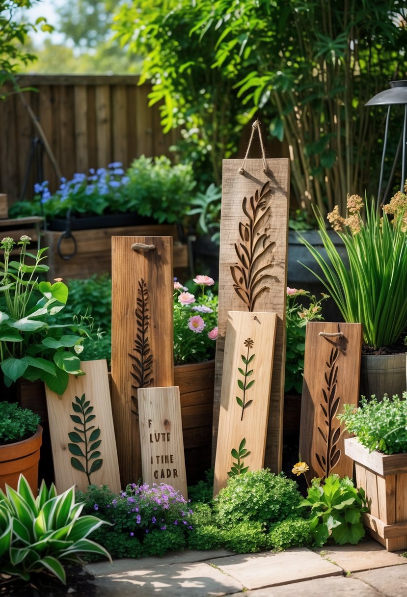 A garden scene showing several handcrafted wooden signs surrounded by green plants and flowers on a patio.