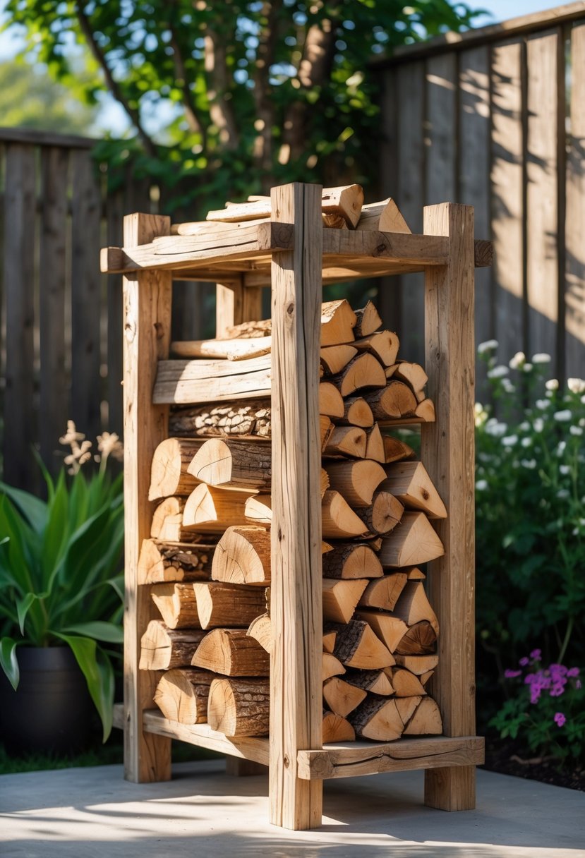 A rustic wooden firewood storage rack filled with stacked firewood outdoors in a garden or patio area.