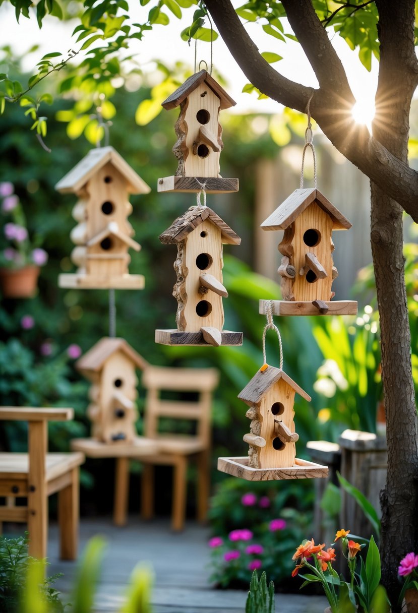 Hand-carved wooden bird feeders hanging in a garden surrounded by plants and flowers.