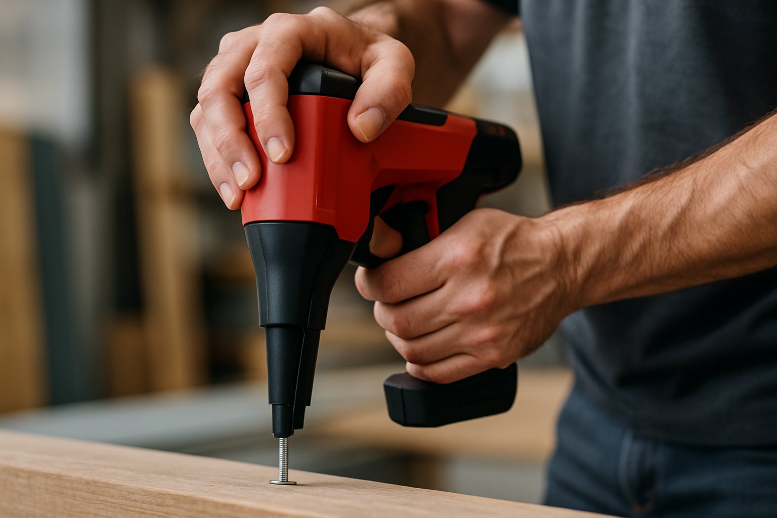 Close-up of hands using a direct fastening tool to attach a fastener into a wooden surface in a workshop setting.