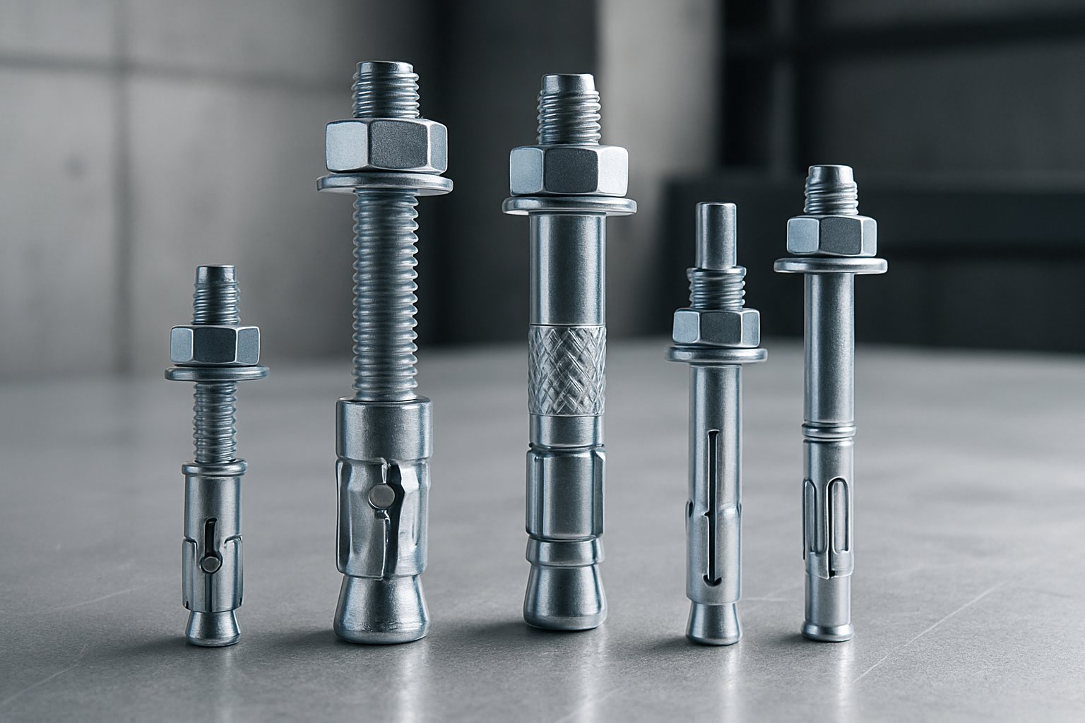 Close-up of several mechanical anchors arranged on an industrial surface with a blurred background.