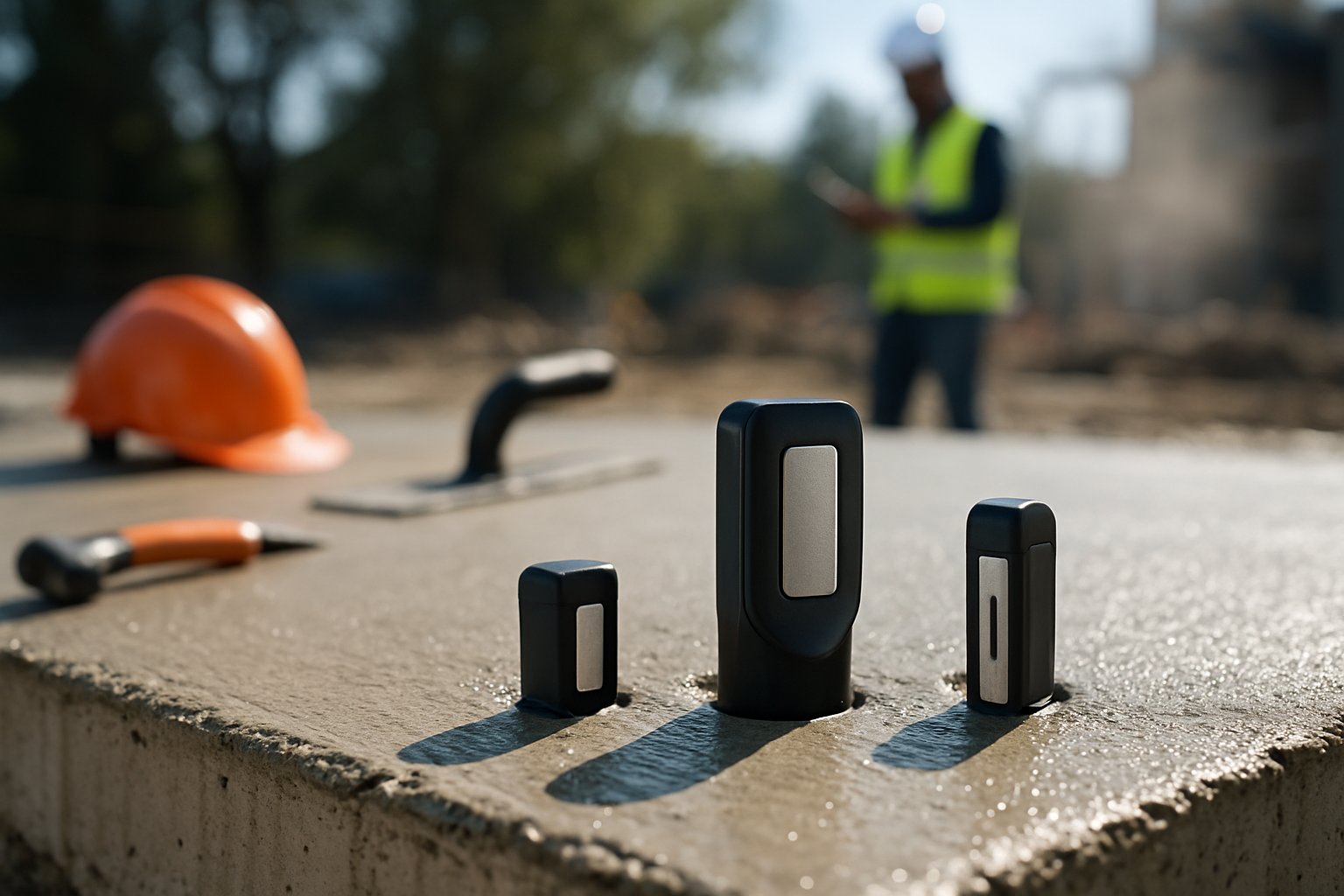 Close-up of concrete sensors embedded in a wet concrete slab at a construction site with a worker inspecting in the background.
