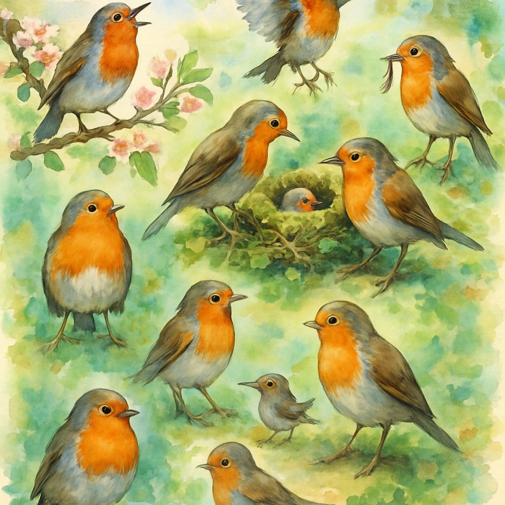 10 Things About Robins That Sound Fake But Are Totally True 1 Several robins engaged in various natural behaviors including singing, nest building, flying, holding a worm, dancing, puffing up, bathing, defending territory, mimicking sounds, and observing in a leafy outdoor setting.
