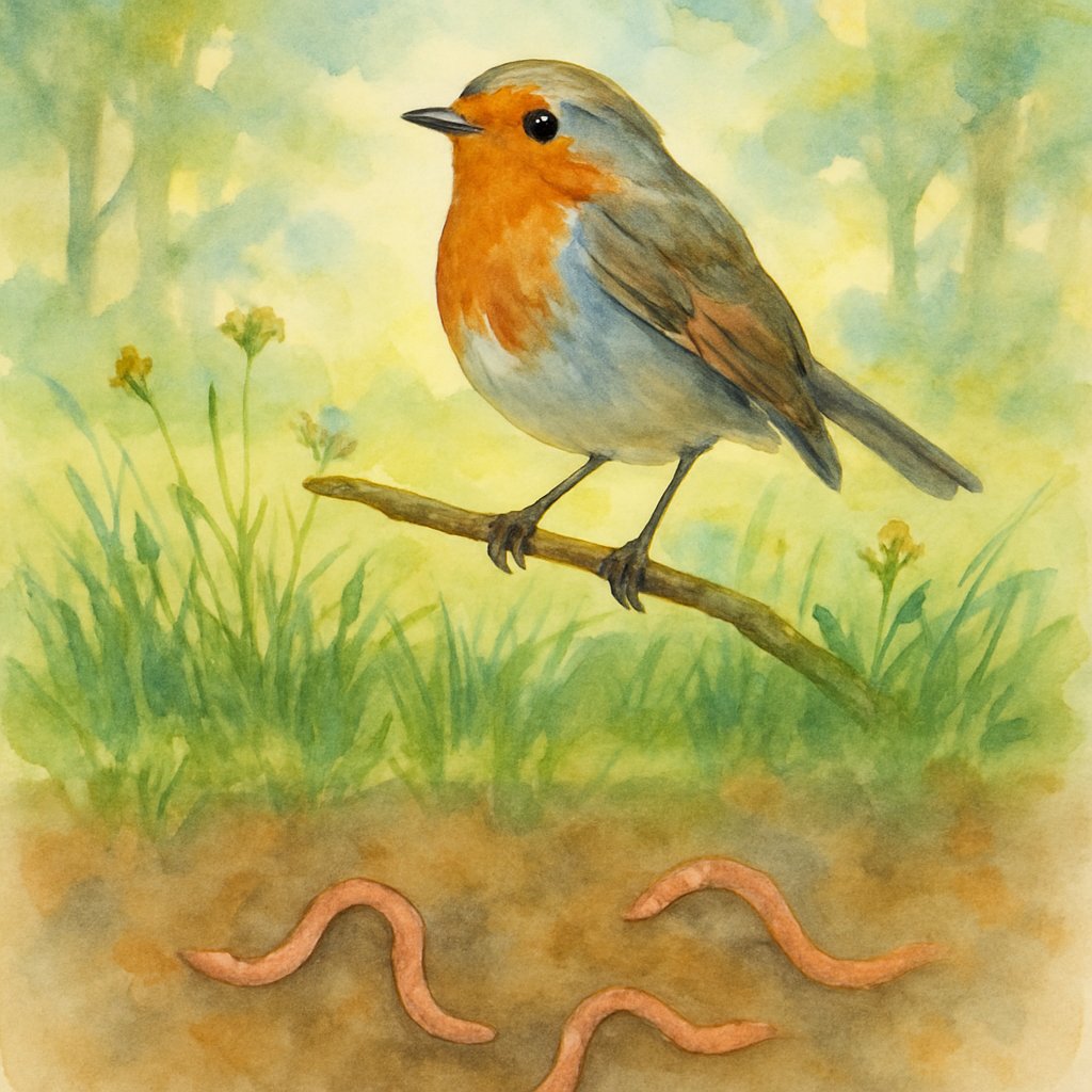 10 Things About Robins That Sound Fake But Are Totally True 2 A robin perched on a branch above grass with earthworms visible underground beneath the soil.