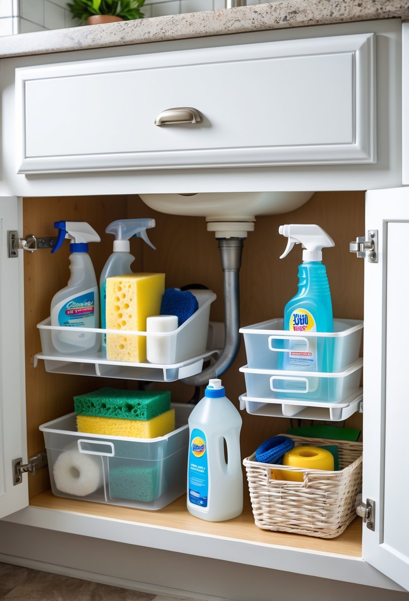 An organized under-sink cabinet with clear bins and baskets holding cleaning supplies and household items.