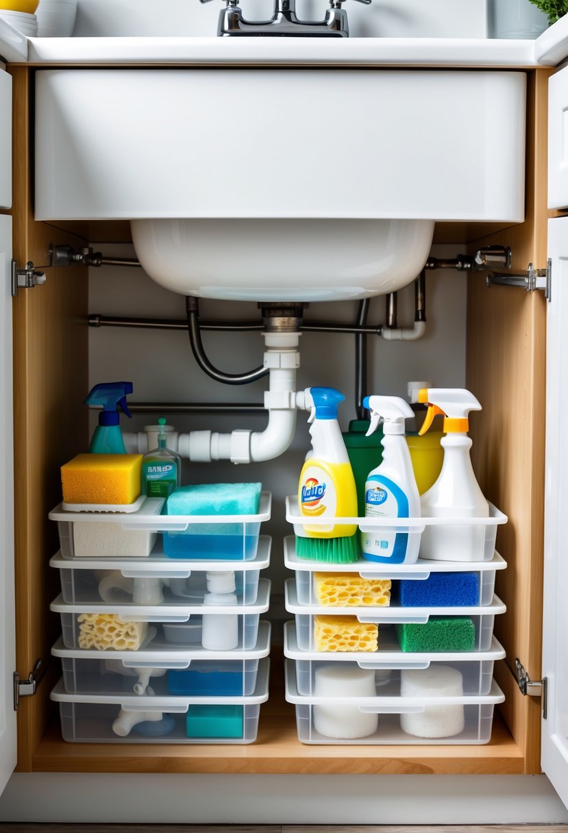 An organized under-sink cabinet with clear stacking storage bins holding cleaning supplies and maximizing vertical space.