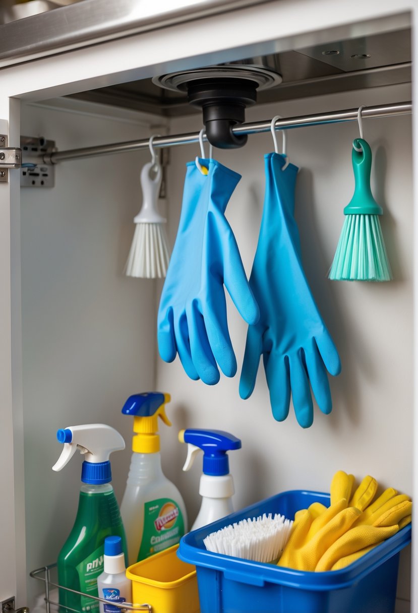 Open kitchen cabinet under the sink with adhesive hooks holding gloves and brushes, and organized cleaning supplies inside.