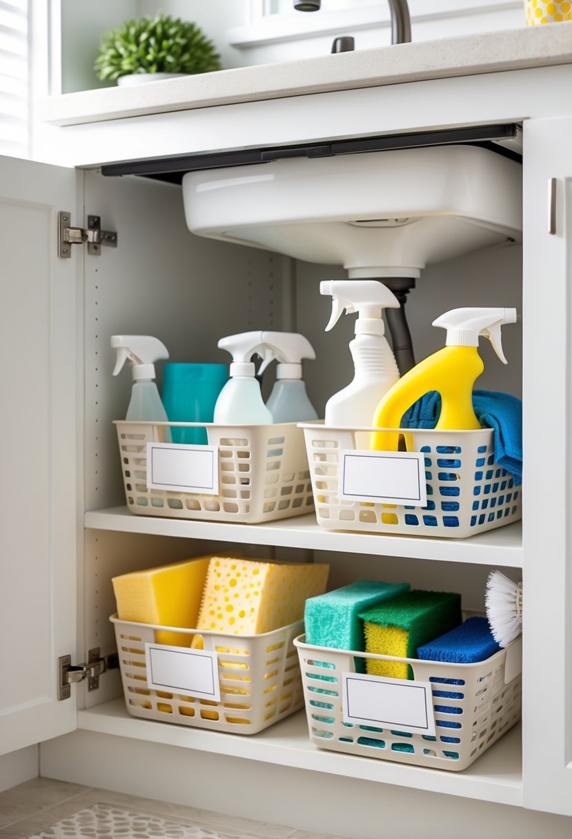 An organized under-sink cabinet with labeled baskets holding various cleaning supplies like spray bottles, sponges, and brushes.