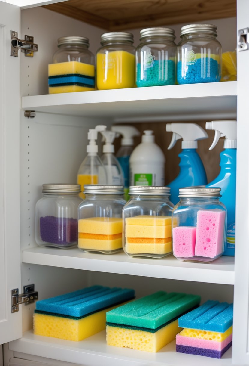 Under sink cabinet with small clear jars organizing colorful sponges and scrubbers on a white shelf.