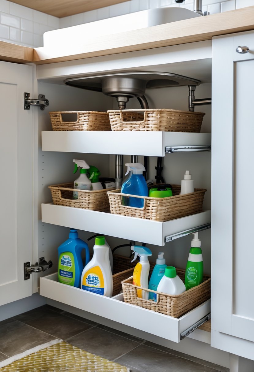 An organized kitchen cabinet under the sink with pull-out trays holding baskets filled with cleaning supplies.