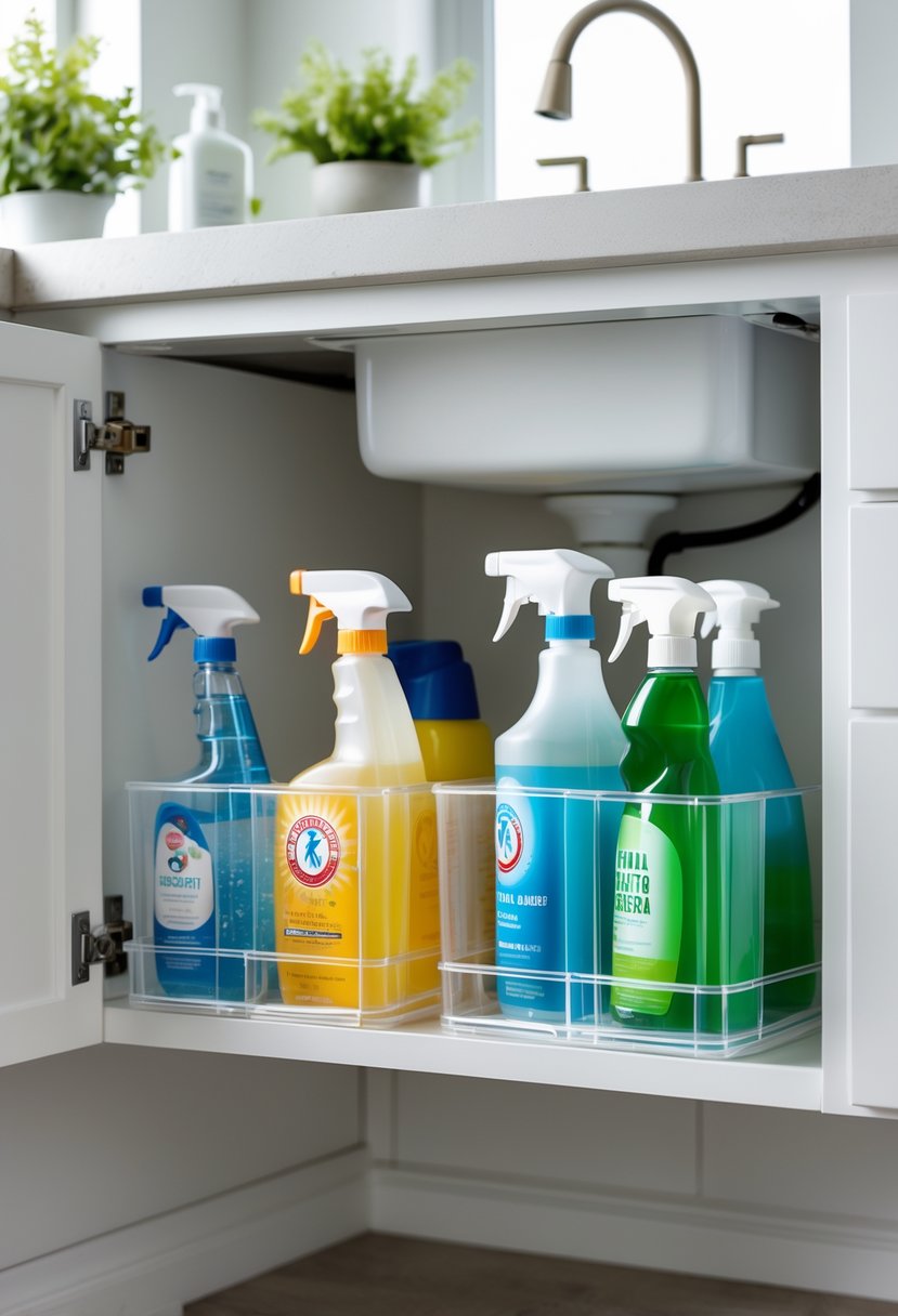 Under-sink cabinet with clear caddies holding dish soaps and spray bottles neatly organized on a shelf.