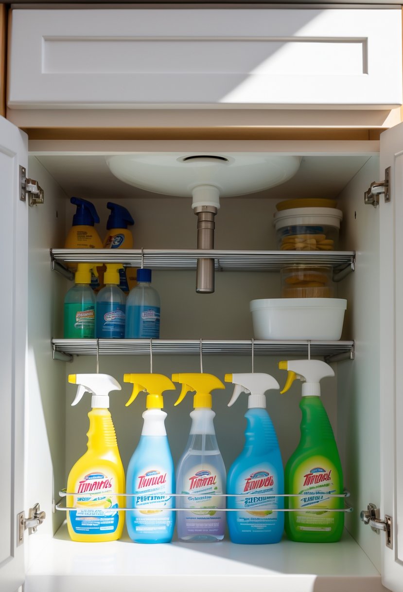 Under-sink cabinet with tension rods holding spray bottles, creating organized and free shelf space.