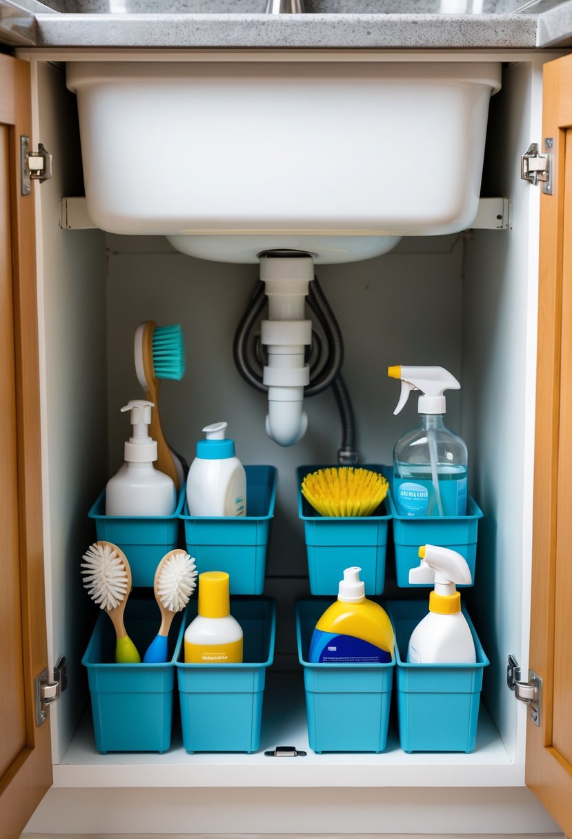 An under-sink cabinet with matching storage bins neatly organizing brushes and detergent bottles.