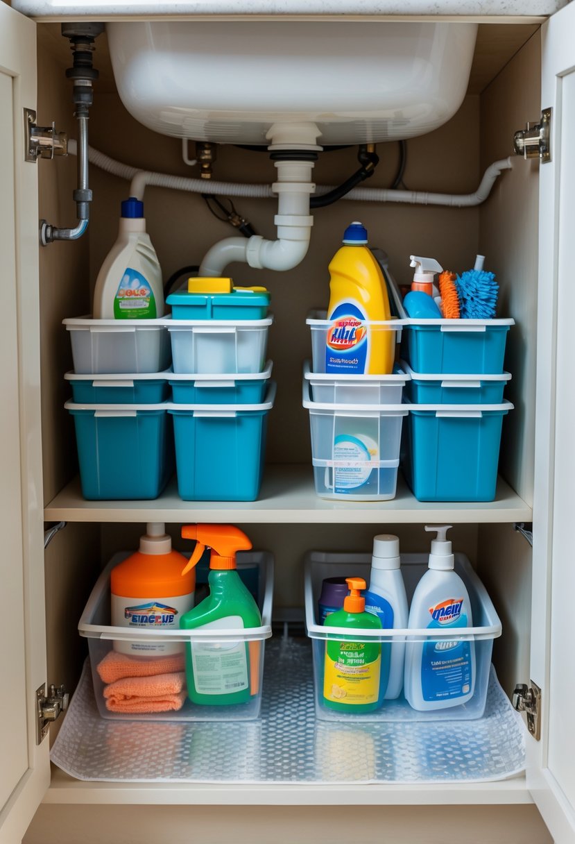 Under-sink cabinet with plastic storage bins placed on a non-slip liner, holding cleaning supplies and household items.