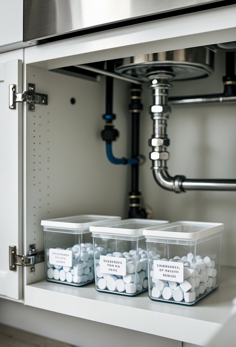 Under-sink cabinet with small clear plastic containers neatly organizing dishwasher tabs and other loose items.