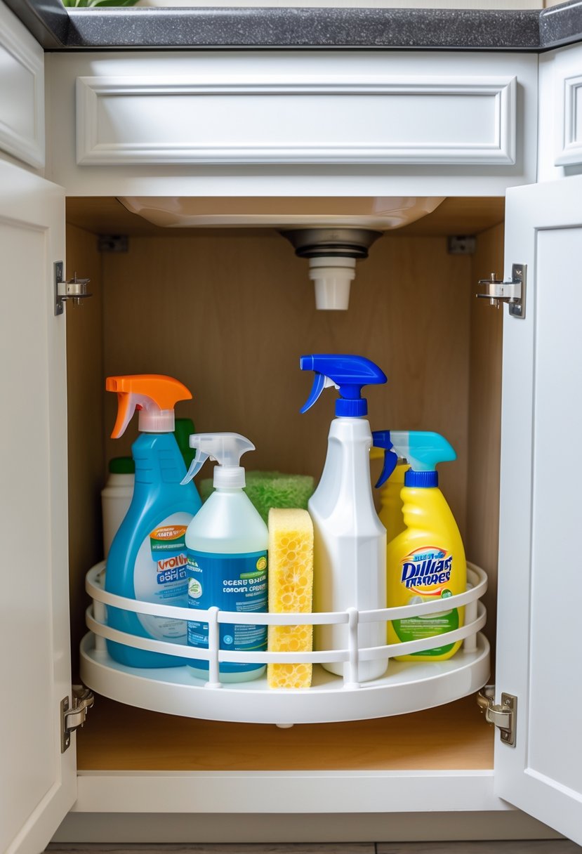 Under-sink cabinet corner organized with a Lazy Susan holding cleaning supplies for easy access.