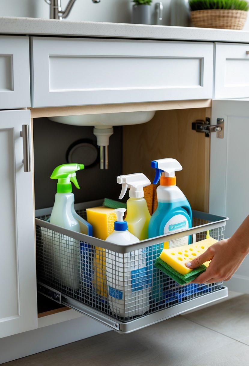 An under-sink cabinet with a flat basket filled with cleaning supplies being lifted out to show organized storage.