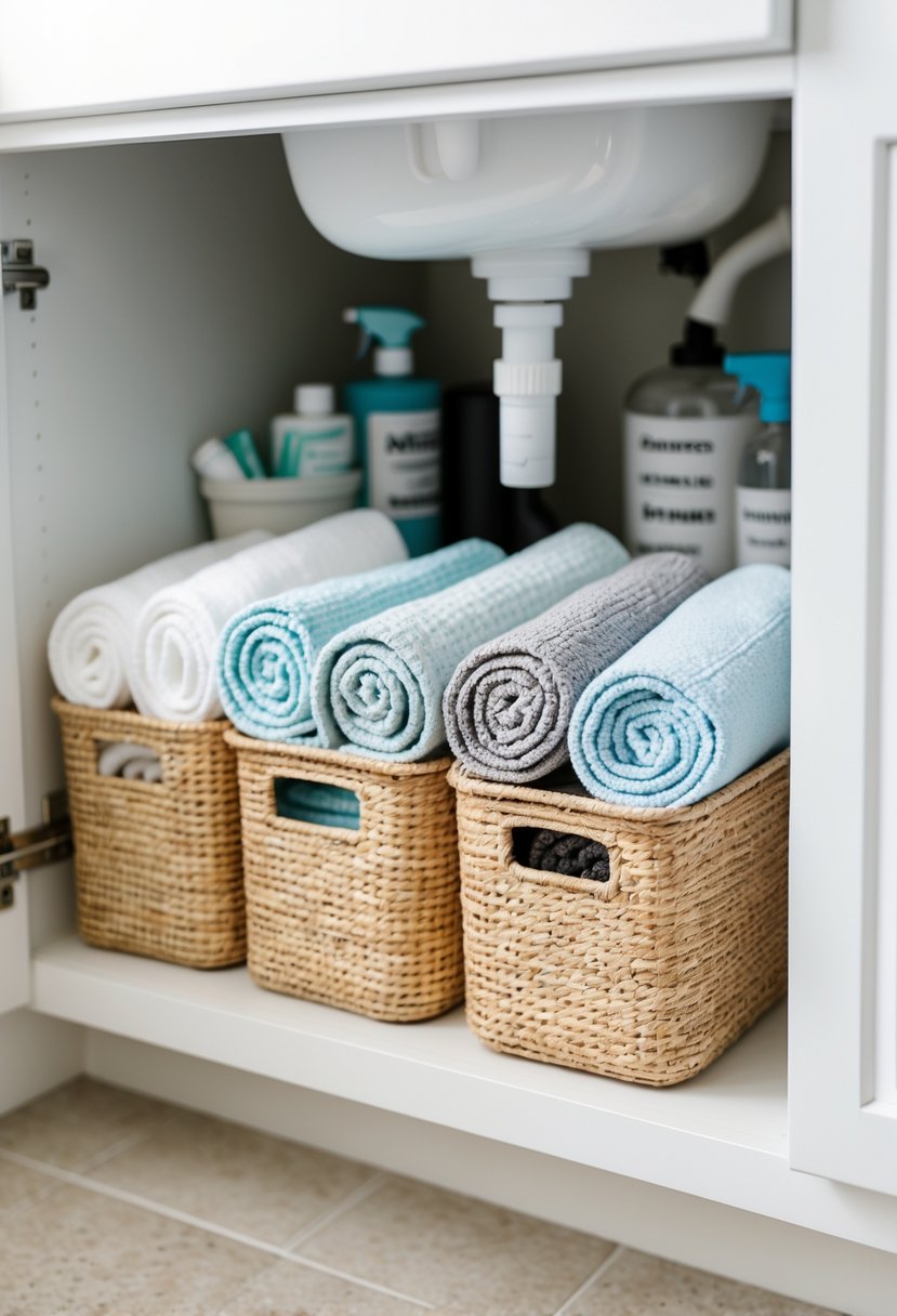 Under-sink cabinet with small baskets holding neatly rolled microfiber cloths organized for easy access.