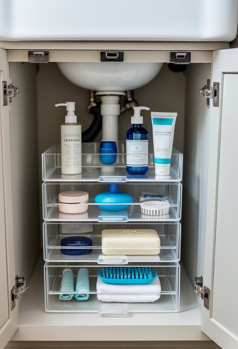 Under-sink cabinet with clear stackable drawer organizers holding razors, soap bars, and toiletries neatly arranged.