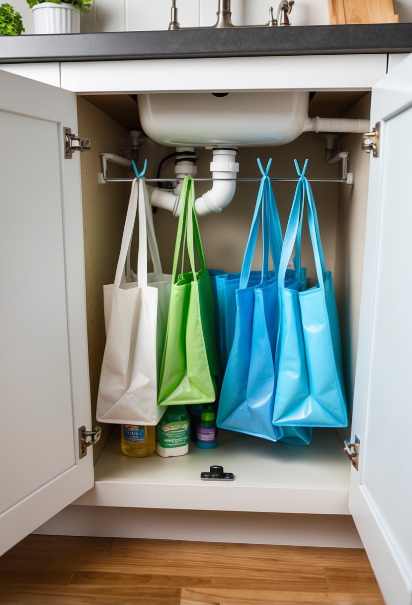 Inside of a kitchen cabinet under the sink with small hooks on cabinet doors holding reusable bags, and cleaning supplies on the bottom shelf.