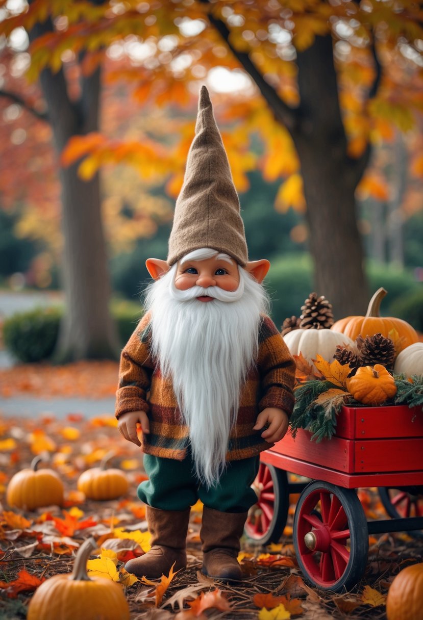 A gnome standing beside a bright red wagon filled with pumpkins and fall leaves outdoors.