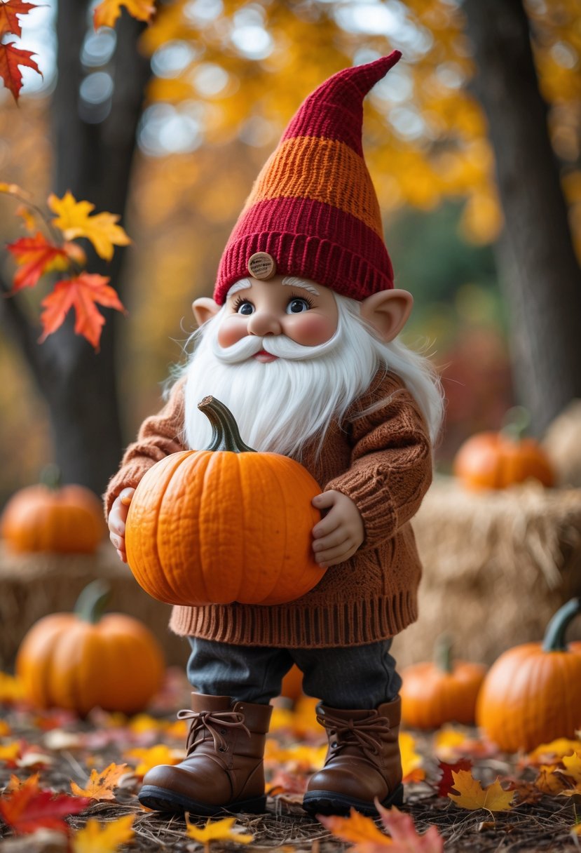 A small gnome holding a pumpkin outdoors surrounded by colorful autumn leaves.