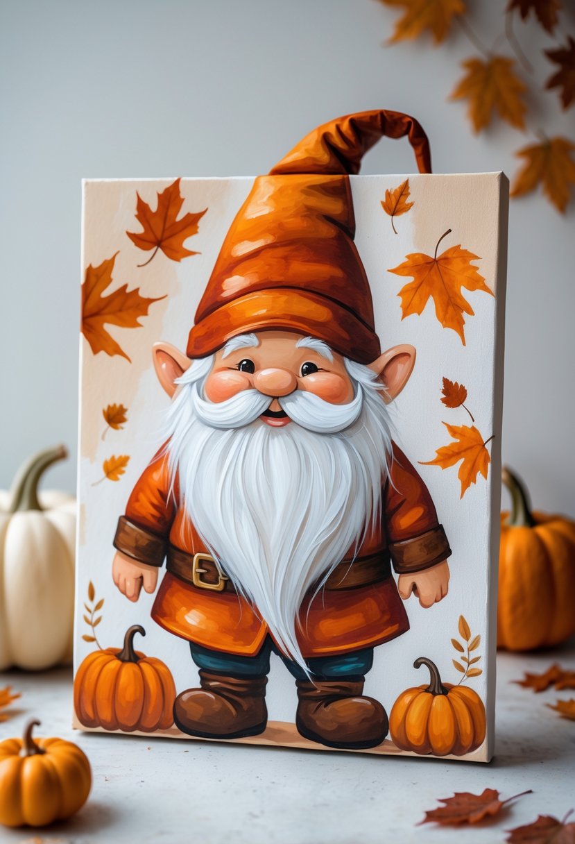 A fall-themed gnome painting on a canvas surrounded by autumn leaves and pumpkins.