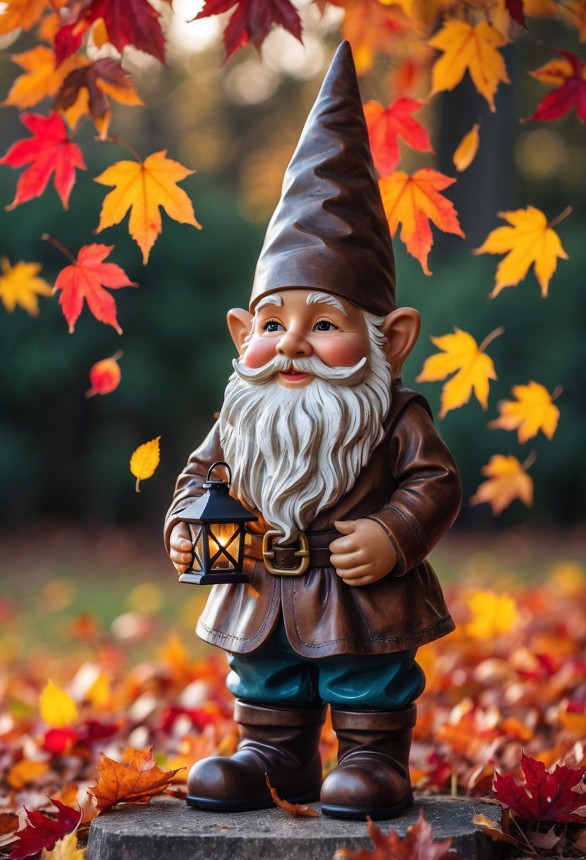 A garden gnome standing among colorful fall leaves with red, orange, and yellow foliage in the background.