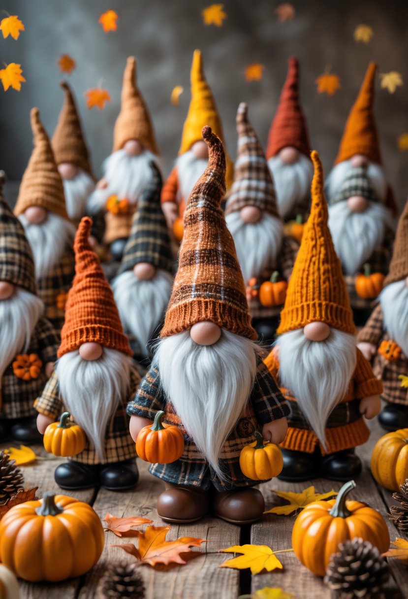 A group of 15 fall gnome figurines arranged on a wooden table with autumn leaves, pine cones, and small pumpkins.
