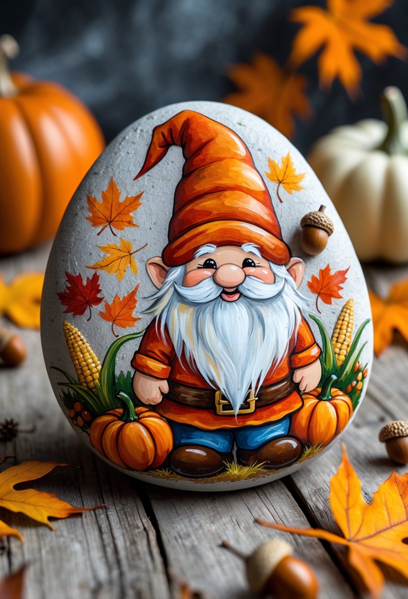 A painted rock featuring a gnome surrounded by pumpkins and autumn leaves on a wooden surface.