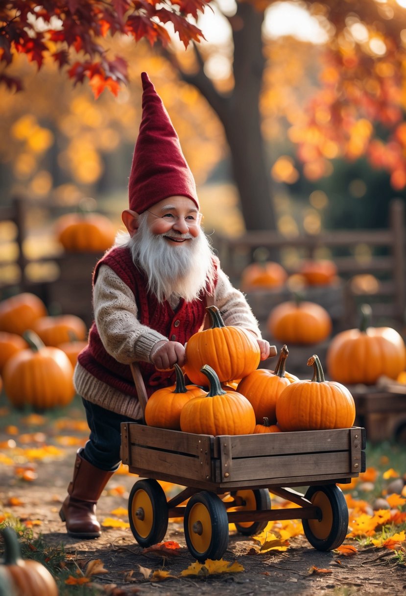 A cheerful gnome pulling a wooden wagon filled with pumpkins outdoors in a fall setting with colorful leaves on the ground.