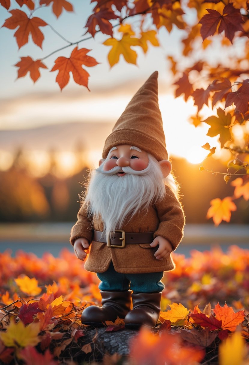 A cozy gnome standing outdoors surrounded by colorful autumn leaves under a golden sky.
