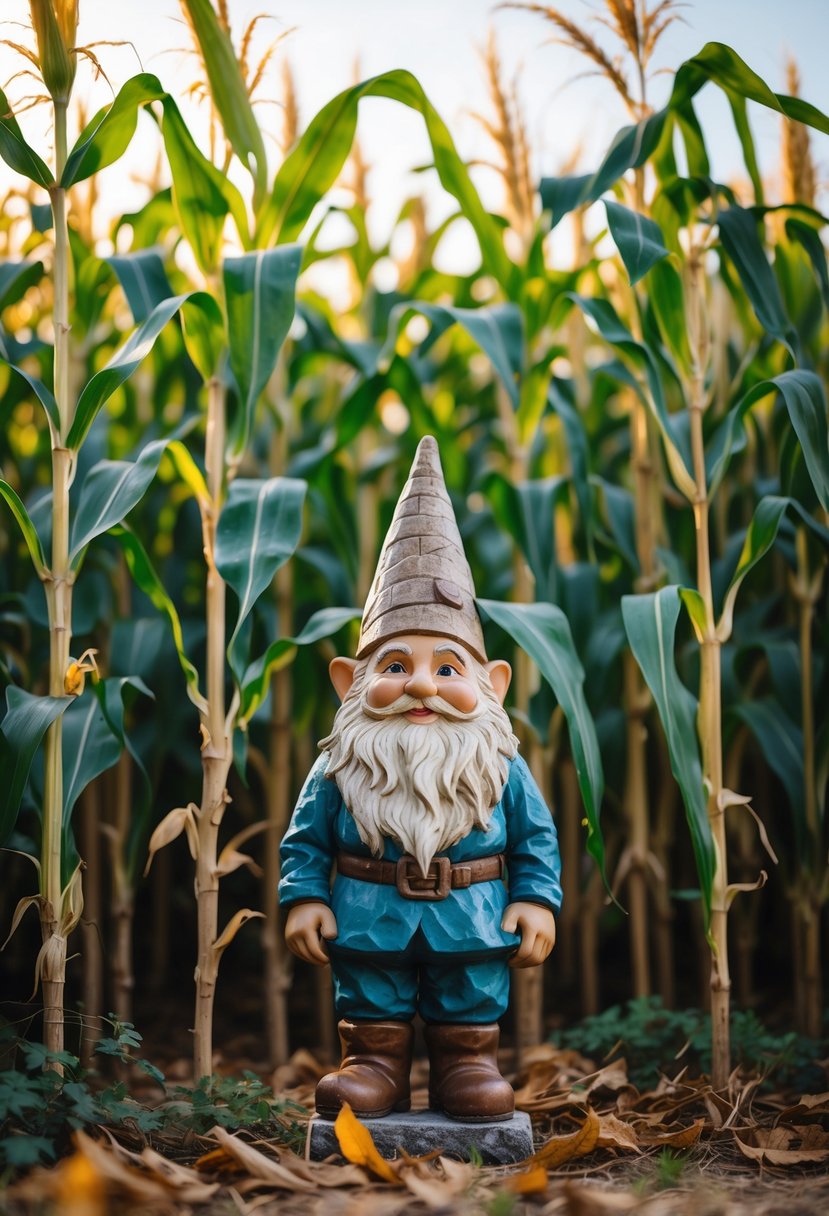 A garden gnome standing among tall cornstalks with green leaves in an autumn setting.