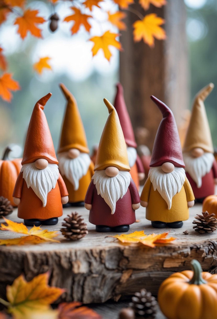 Several small fall-themed gnome figurines painted in warm autumn colors arranged on a wooden surface with leaves, pumpkins, and pine cones around them.