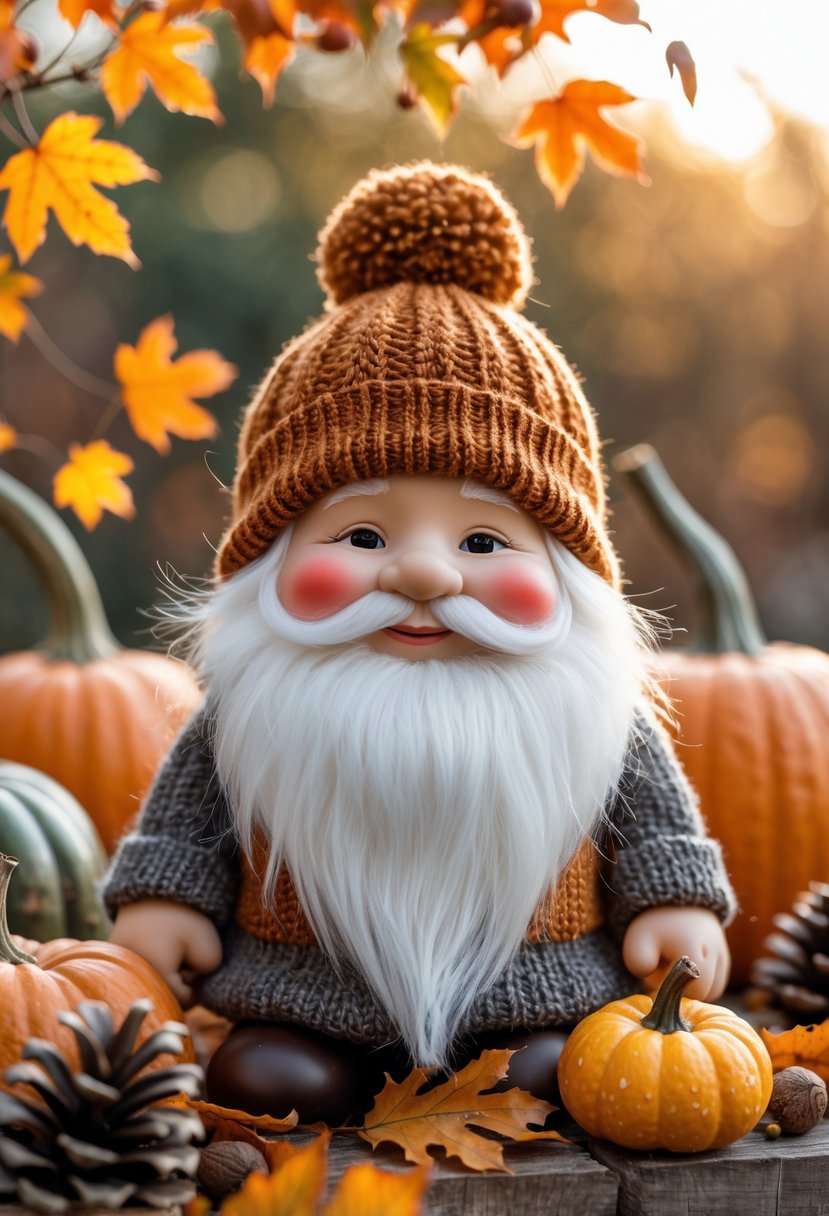 A garden gnome wearing a knit autumn hat surrounded by fall leaves and pumpkins.