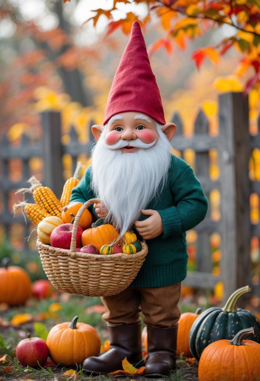 A friendly garden gnome holding a basket filled with fall produce outdoors surrounded by autumn leaves.