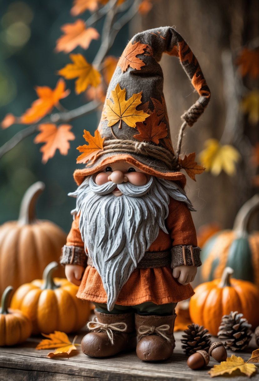 A fall-themed gnome figurine in orange and brown colors surrounded by autumn leaves, pinecones, and small pumpkins on a wooden surface.
