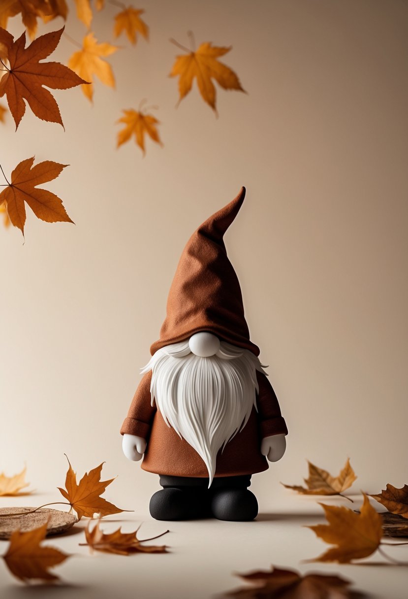 A silhouette of a gnome with a pointed hat surrounded by scattered autumn leaves on a soft background.