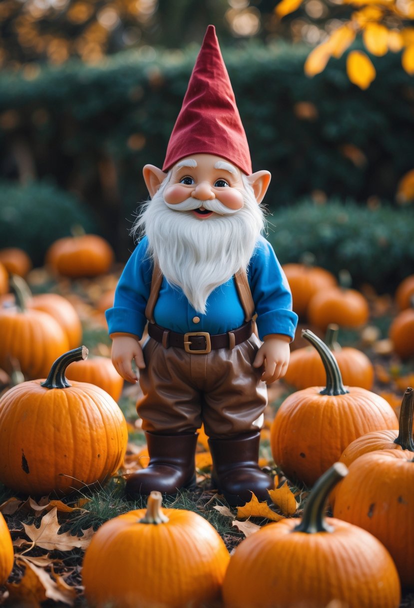 A garden gnome standing among several pumpkins outdoors in autumn.
