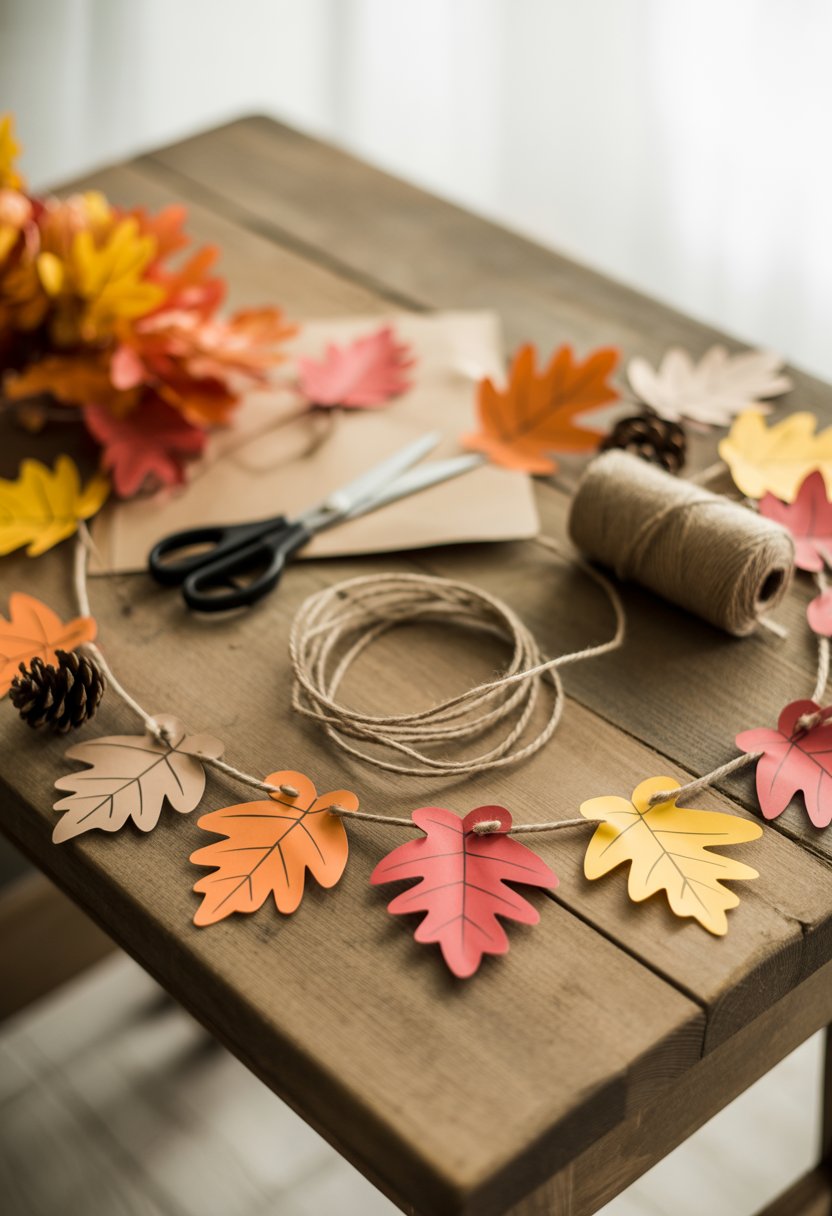 A partially assembled fall garland made of colorful paper leaves and pinecones on a wooden table with crafting supplies.