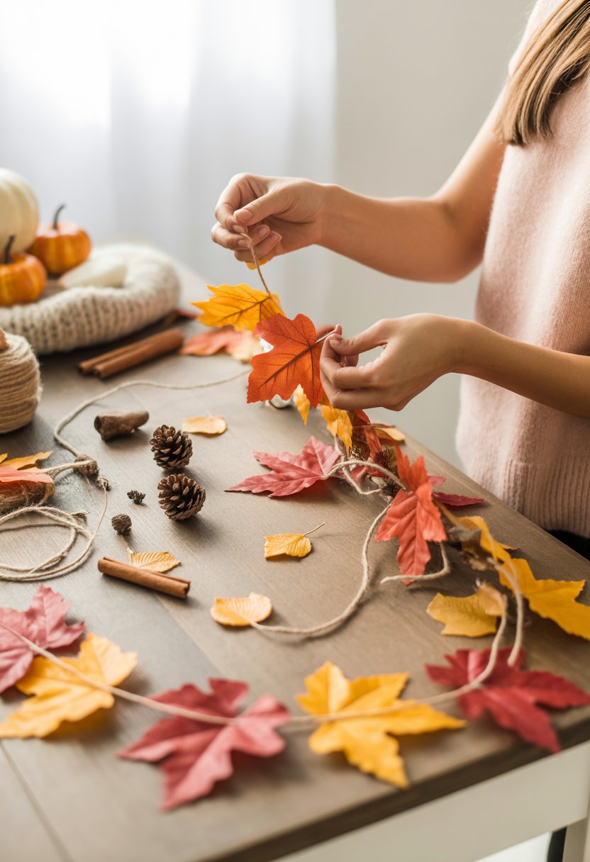 Hands assembling a fall garland with colorful leaves, pinecones, and twine on a wooden table surrounded by autumn decorations.